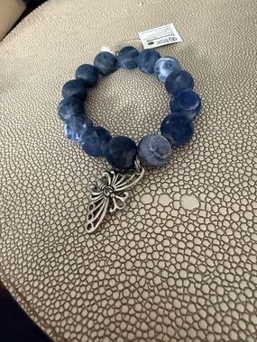 Dumortierite Beaded Stretch Bracelet with Butterfly Charm by PowerBeads by Jen